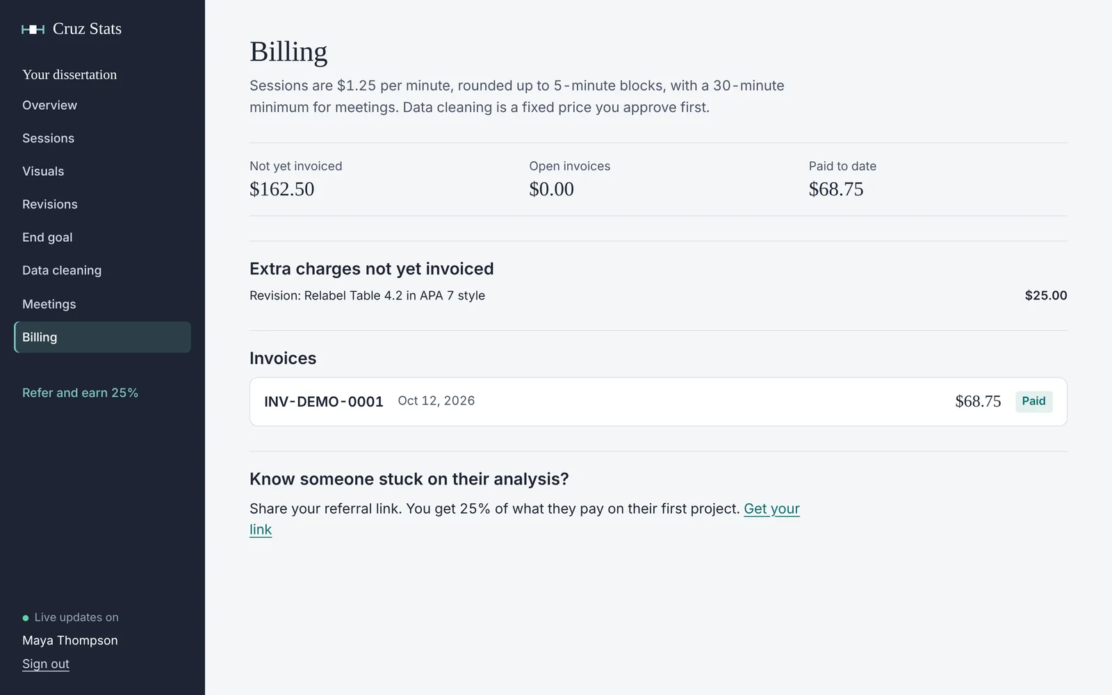 The Billing page: amounts not yet invoiced, open invoices, paid to date, extra charges and a paid invoice.